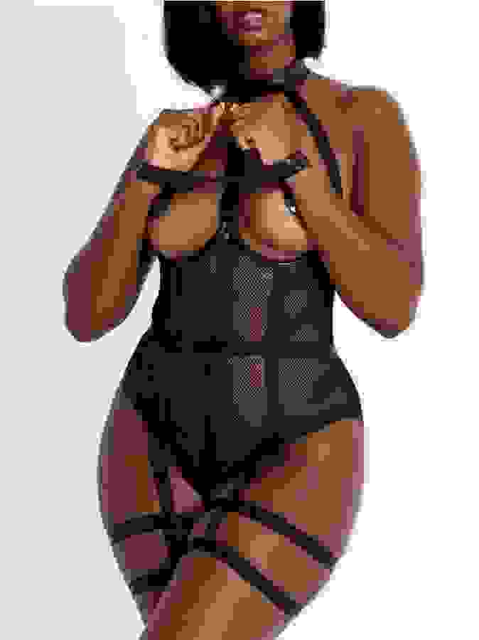 Lovehoney Fierce Siren Fishnet and Wet Look Open-Cup Body, Black, hi-res